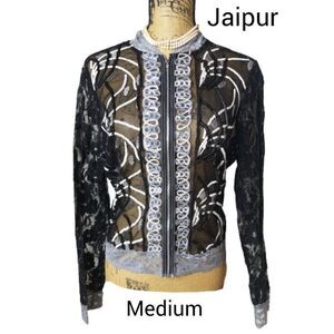 Women's Sequin Lace Jacket M Black White Lace Elegant Zip Sheer Jacket NWOT